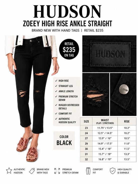Hudson Jeans Denim - NWT HUDSON Zoeey High Rise Straight Ankle Jeans Black Stretch Denim $235